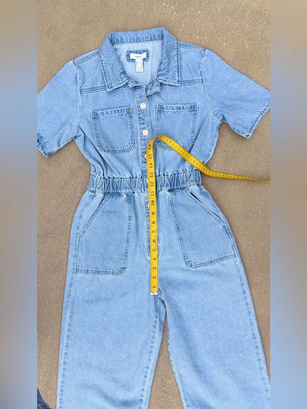 Forever 21 Light Blue Wide-Leg Button Front Short Sleeve Denim Jumpsuit Y2K XS - Picture 11 of 14